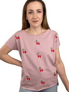 Luźna koszulka t-shirt haftowane wisienki cherry laserowo cięta S M L Fancy