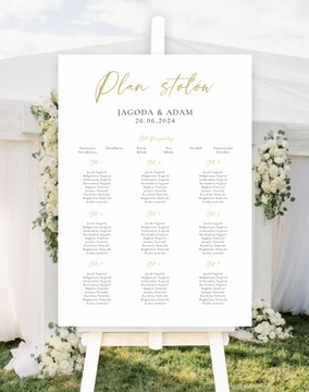 Plakat weselny z planem stołów, złoty napis