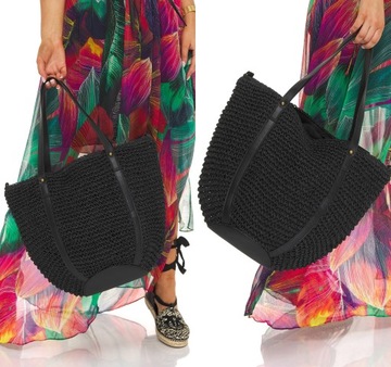TORBA SŁOMIANA SHOPPERKA KOSZ BOHO PLAŻOWA czerń