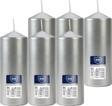 6X SREBRNY METALIK Świeca walec bezzapachowa ŚWIECZKA PARAFINOWA 15CM 48H