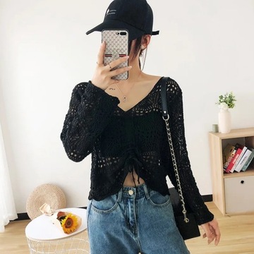Women Loose Sweaters Sexy V Neck Hollow Out Lace U