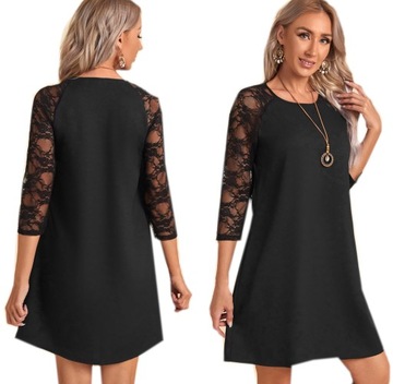 S078 CZARNA SUKIENKA RĘKAW REGLAN KORONKA S