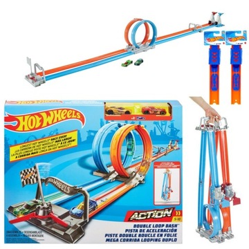 ZESTAW HOT WHEELS PODWÓJNY TOR SAMOCHODOWY PĘTLE 2M +2 AUTKA + 2X TOR RAMPA