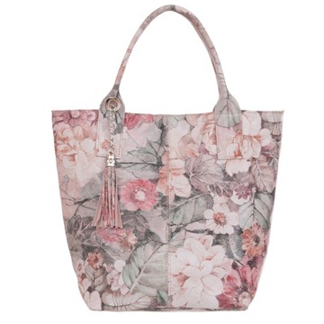 RÓŻOWA TOREBKA W KWIATY SKÓRA PRINT TORBA WOREK SHOPPER VERA PELLE