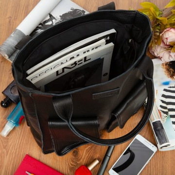 CZARNA TOREBKA SKÓRA NATURALNA SHOPPER SKÓRZANA TORBA A4 KIESZONKI XL