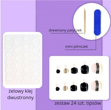PAZNOKCIE SZTUCZNE TIPSY DO STÓP ZŁOTO CZARNE BROKAT SAMOPRZYLEPNE 24SZT