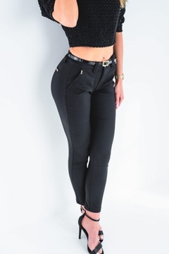 Czarne eleganckie spodnie damskie materiałowe cygaretki z paskiem S