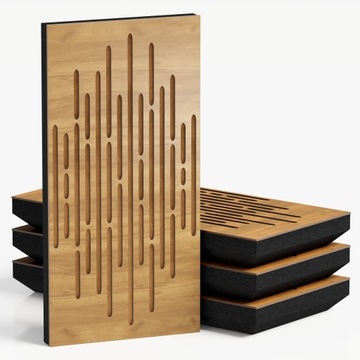 4szt Panele akustyczne WAVE-MINI-F 25x50x5cm | Dąb MDF -Złoto