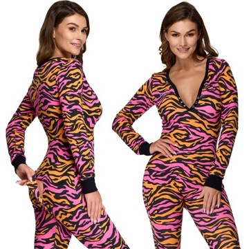 Piżama damska kombinezon onesie różowy pomarańczowy czarny zebra M
