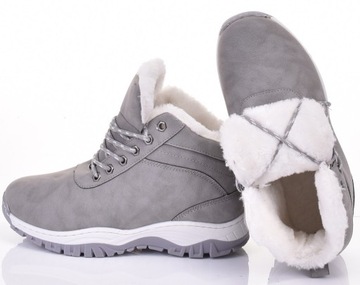 ŚNIEGOWCE DAMSKIE SPORTOWE BUTY ZIMOWE MOCNO OCIEPLONE SKÓRZANE SZARE