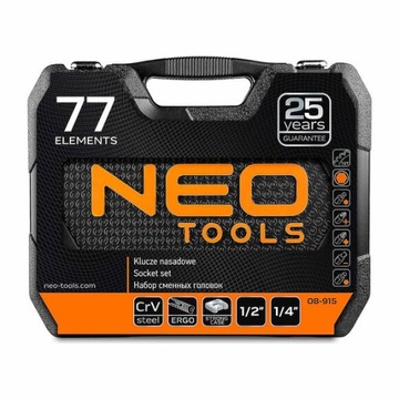 NEO Klucze Nasadowe NEO TOOLS Zestaw 77 Elementów Walizka Stal 1/4 1/2