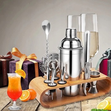 БАРМЕННЫЙ НАБОР ДЛЯ НАПИТКОВ ШЕЙКЕР ПОДСТАВКА ДЛЯ ШЕЙКЕРА БАМБУКОВАЯ ПОДСТАВКА 17 шт.