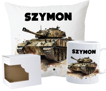ZESTAW PREZENTOWY KUBEK + PODUSZKA TANK CZOŁG TANKS moro + Twoje imię