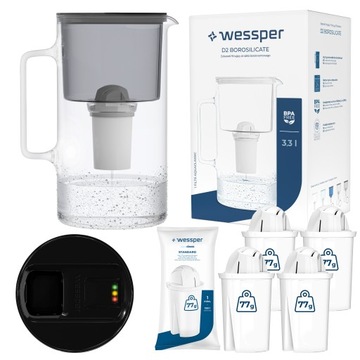 Szklany dzbanek filtrujący z licznikiem LED Wessper + 5x Filtr aquaclassic