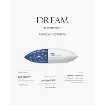 Poduszka puchowa 90% 70x80 Dream 3-komorowa 1000g + 160g kremowa AMZ