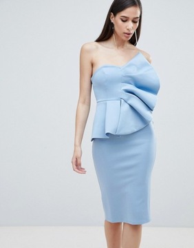 Niebieska sukienka midi odkryte ramiona na ślub 36