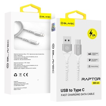 Blavec Kabel Raptor pleciony USB na Typ C 2A 3m CRA-UC2WS30 biało-srebrny