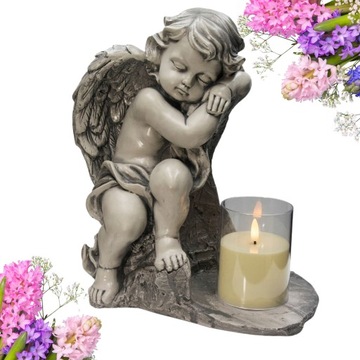 DUŻY SZARY ANIOŁ GIPSOWY + ŚWIECA FIGURKA NAGROBNA Podstawka pod ZNICZ