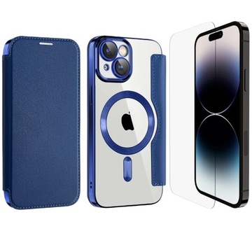 NIEBIESKIE ETUI FLIP Z KLAPKĄ DO MAGSAFE OBUDOWA CASE IPHONE 13 +SZKŁO