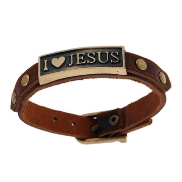 Vintage, wyjątkowa, ręcznie robiona moda, kocham Jezusa, skórzana klamra do bransoletki