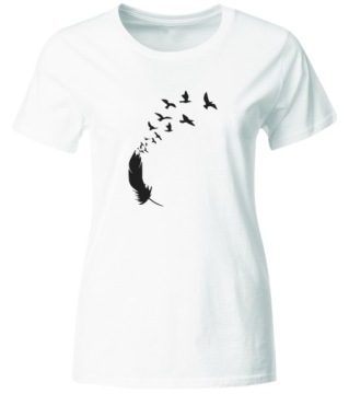 KOSZULKA DAMSKA PTASIE PIÓRO. MODNY T-SHIRT, BIAŁA, ROZ. M
