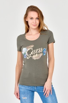 GUESS Damski zielony t-shirt ze zdobionym logo L