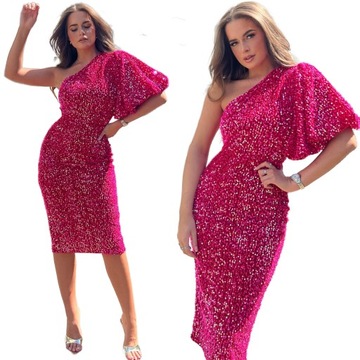 ELEGANCKA SUKIENKA CEKINOWA MIDI BUFIASTY RĘKAW XL