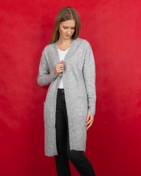 New Look Długi Kobiecy Luźny Szary Sweter Narzutka Kieszenie z Wełną M 38