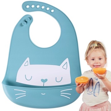 ŚLINIAK SILIKONOWY ŚLINIACZEK z Kieszonką BŁĘKITNY z KOTEM KOTKIEM 24-32 cm