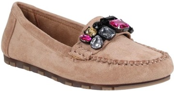 iButy DAMSKIE MOKASYNY Z KAMIENIAMI PŁASKIE KHAKI CIEMNE BEŻOWE