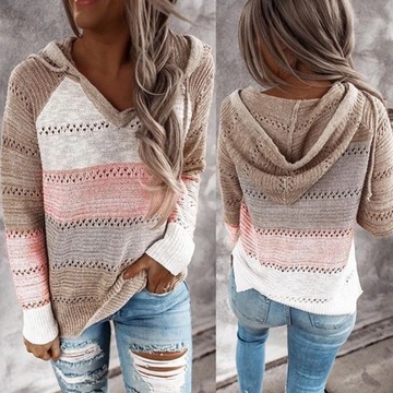 Autumn Patchwork Hooded Sweater Women Casual Long