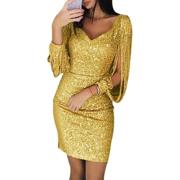 Ženy Sequin Dress Glitter Sparkle Sexy Deep V Nec - žltá