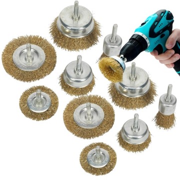 SZCZOTKI DRUCIANE MOSIĄDZ NA WKRĘTARKĘ WIERTARKĘ DRUT STALOWY ZESTAW 10 SZT