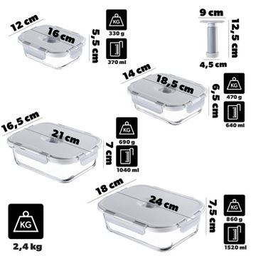 POJEMNIKI NA ŻYWNOŚĆ SZKLANY ZESTAW POJEMNIKÓW PRÓŻNIOWE 4x LUNCHBOX POMPKA