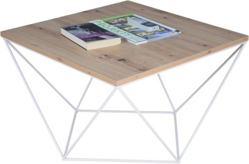 Kawowy Stolik Druciany 65x65x43 Loft Industrial Biały+Dąb Artisan