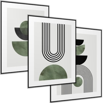 3 x PLAKAT 40X50 ZESTAW KSZTAŁTY KOŁA LINIE ŁUKI ART BUTELKOWA ZIELEŃ SZARY