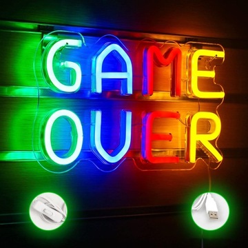 GAME OVER NEON DO POKOJU ZABAW 5V KOLOROWA DEKORACJA ŚCIENNA LED