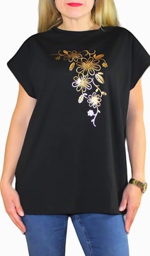 BLUZKA KOSZULKA T-SHIRT PRINT gold kwiatki WYGODNA BAWEŁNIANA 3XL, XXXL
