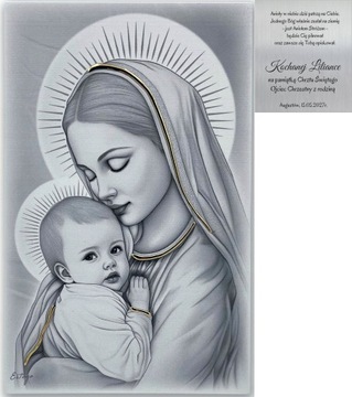 OBRAZEK MALOWANY NA DREWNIE MADONNA MATKA BOSKA Z DZIECIĄTKIEM GRAWER
