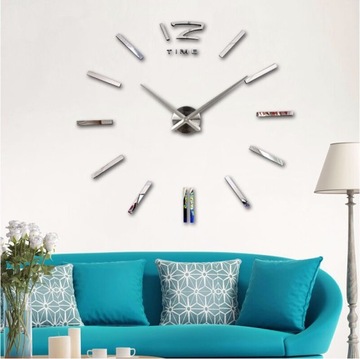 ZEGAR ŚCIENNY 3D DUŻY NAKLEJANY NA ŚCIANĘ CICHY SREBRNY LUSTRZANY 65-120cm