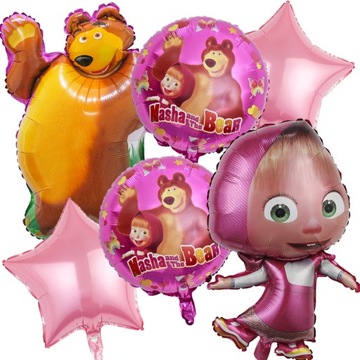 Balony foliowe MASZA I NIEDŹWIEDŹ Masha Bear urodziny zestaw 6 szt. hel
