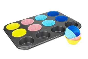 BLACHA na MUFFINKI + 12 SILIKONOWYCH FOREMEK do BABECZEK FORMA NA CIASTKA