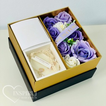 FLOWERBOX Z KWIATAMI MYDLANYMI ZAPACHOWY WOSK SOJOWY PREZENT KWIATY MYDLANE