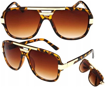Okulary brązowe PILOTKI męskie Kwadratowe duże złote przeciwsłoneczne