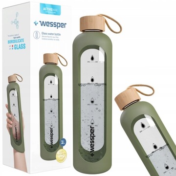 BIDON BUTELKA SZKLANA NA WODĘ Z ETUI 1000ml OLIWKA