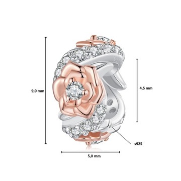 H096 Koralik z kwiatami róży charms srebro 925 pozłacany różowym złotem