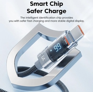 Кабель Tooki, 2 метра, USB A — Usb C, 6 А, 66 Вт, 2 м, синий ЖК-дисплей, метр.