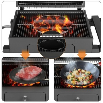 Grill ogrodowy Węglowy ŻELIWNY RUSZT POKRYWA Z TERMOMETREM PÓŁKA WENTYLACJA