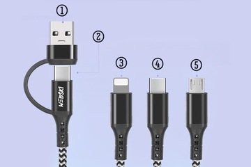 УНИВЕРСАЛЬНЫЙ ПРОЧНЫЙ USB ВЕБ-КАБЕЛЬ 6В1 USB-C MICRO LIGHTNING 3А 1,2М