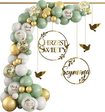 Balony boho kiwi łuk zestaw dekoracji listki na CHRZEST + IMIĘ